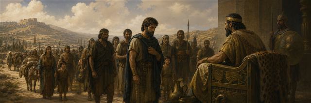 David and his households standing cautiously before the Philistine ruler Achish